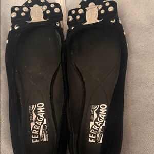 Salvatore Ferragamo Black Velvet Studded Vara Bow Flats with Silver Plaque